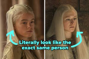 younger and older versions of rhaenyra on house of the dragon captioned "Literally look like the exact same person"