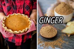 A woman is on the left holding a pie with ginger on the right labeled