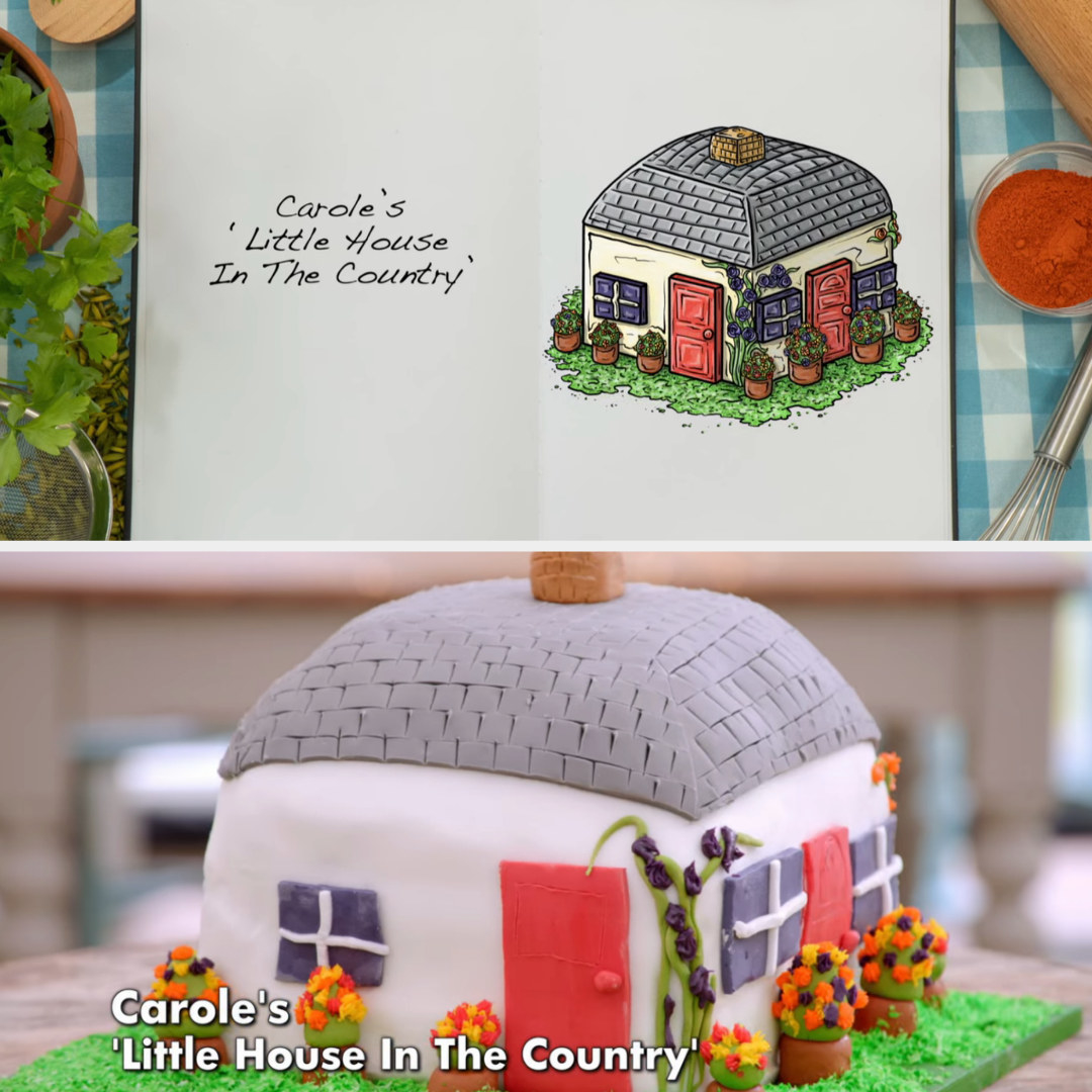Drawing of Carole&#x27;s showstopper cake side by side with the actual bake