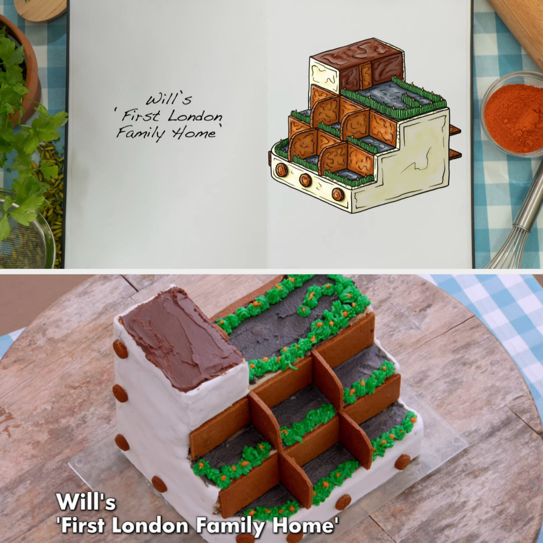 Drawing of Will&#x27;s showstopper cake side by side with the actual bake
