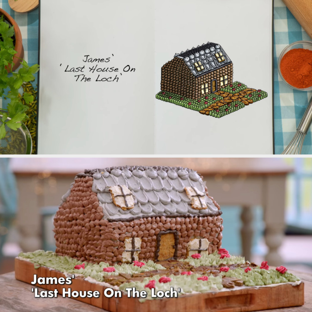 Drawing of James&#x27; showstopper cake side by side with the actual bake