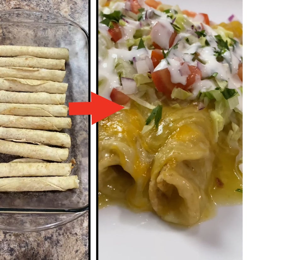 frozen taquitos to finished taquitos with enchilada sauce on top
