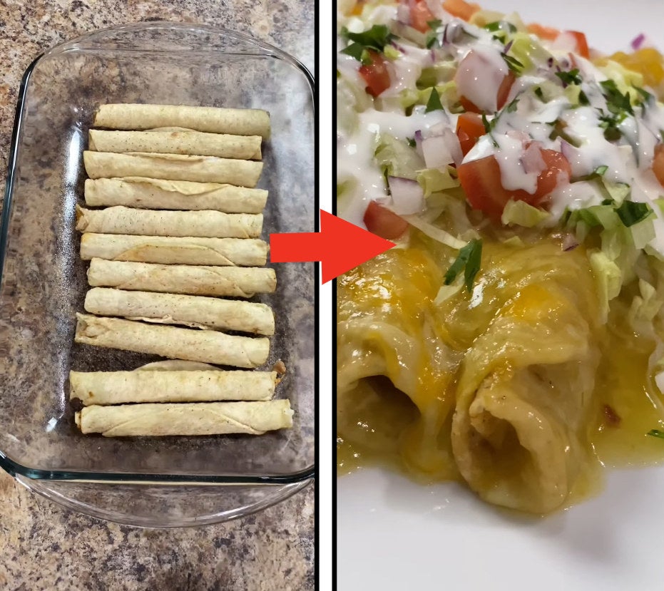 frozen taquitos to finished taquitos with enchilada sauce on top