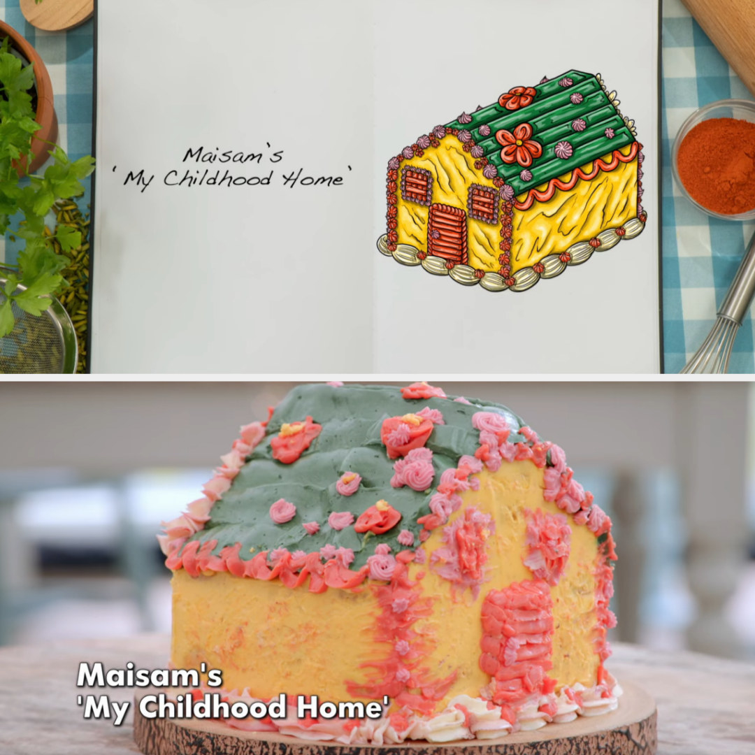 Drawing of Maisam&#x27;s showstopper cake side by side with the actual bake