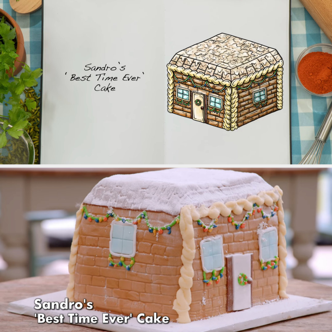 Drawing of Sandro&#x27;s showstopper cake side by side with the actual bake