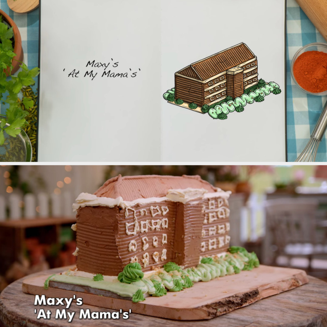 Drawing of Maxy&#x27;s showstopper cake side by side with the actual bake