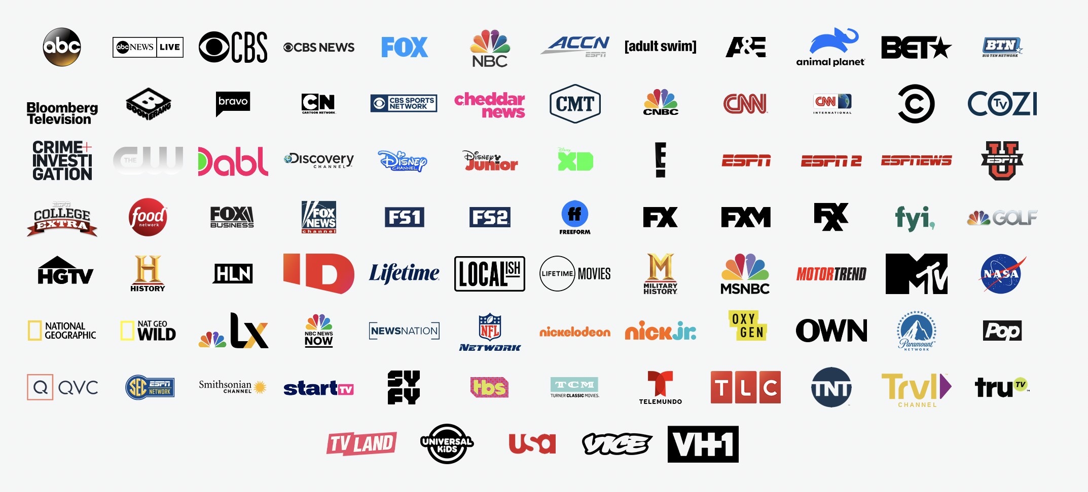 an image showing the logos of all the TV channels included in the live TV bundle