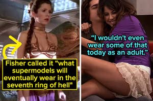 princess leia's bikini captioned "Fisher called it 'what supermodels will eventually wear in the seventh ring of hell'" and trina in a short skirt on victorious captioned “I wouldn't even wear some of that today as an adult”
