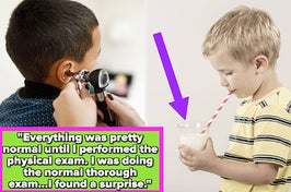 a kid getting his ear checked vs a kid drinking milk with a straw