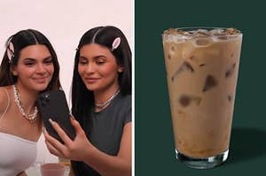 左边是Kendall和Kylie Jenner在自拍，右边是星巴克的冰咖啡
