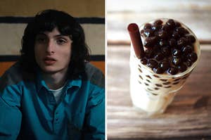 Mike is on the left with a glass of bubble tea on the right