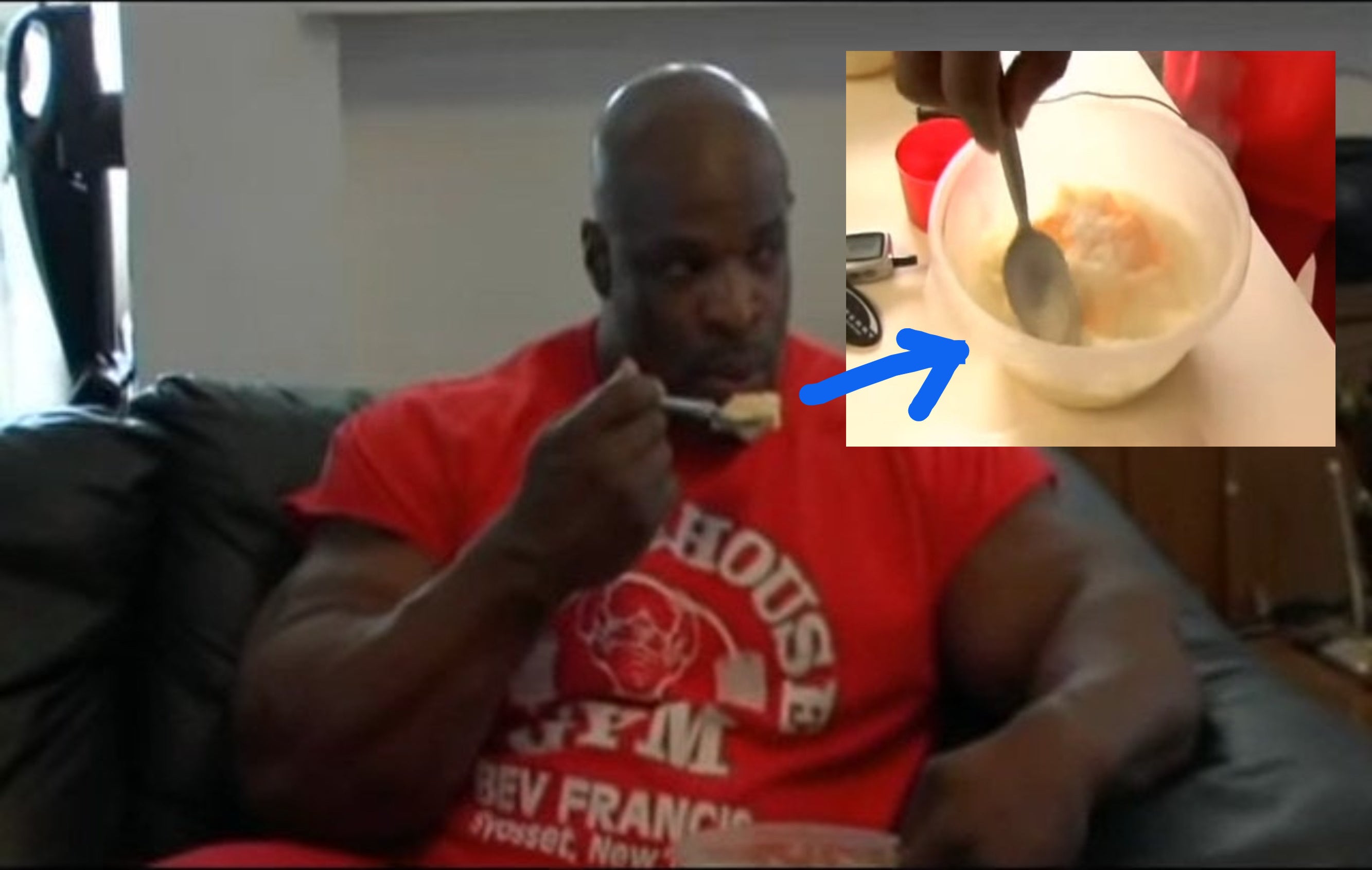 Ronnie Coleman eating grits, egg whites, and cheese