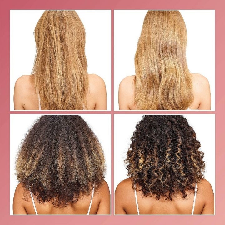 A set of four images that show people using the hair treatment before and after