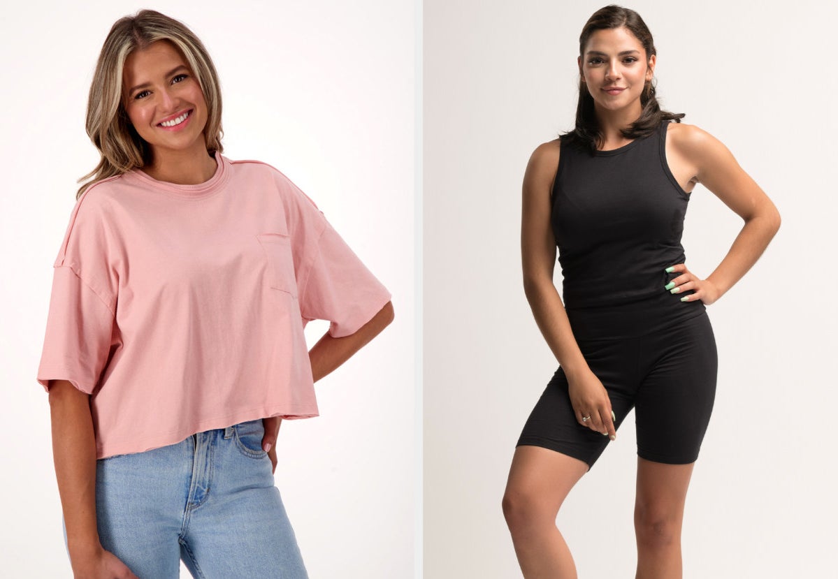 Two images of models wearing a pink shirt and black shorts