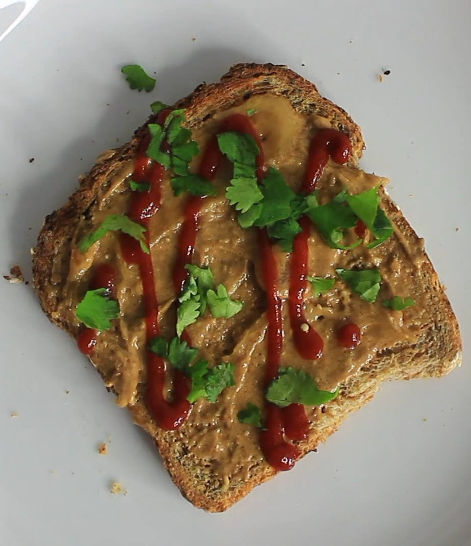 peanut butter, sriracha, and cilantro on toast