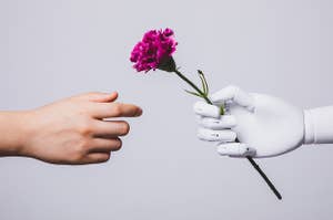 机器人手给人类手一朵花