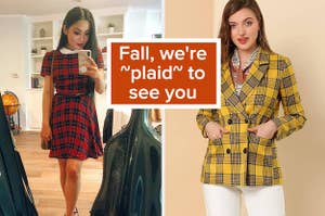 reviewer in plaid dress and model in plaid blazer with text "fall, we're plaid to see you"