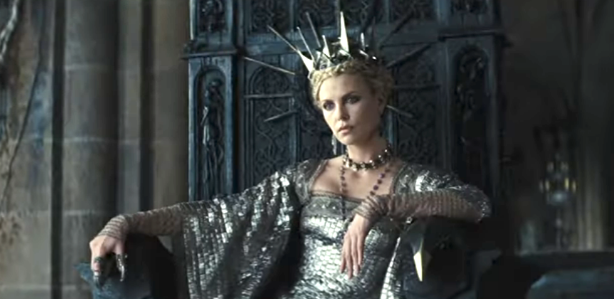 Charlize Theron as the Evil Queen sitting on a throne