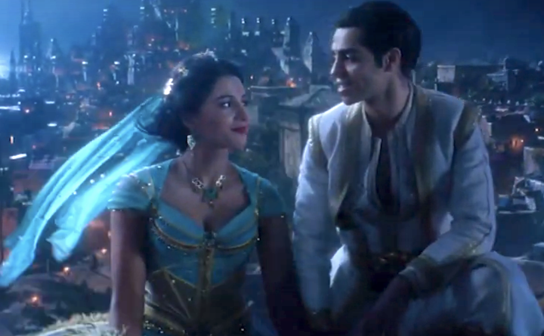 Prince Ali and Jasmine looking at each other in the live-action version