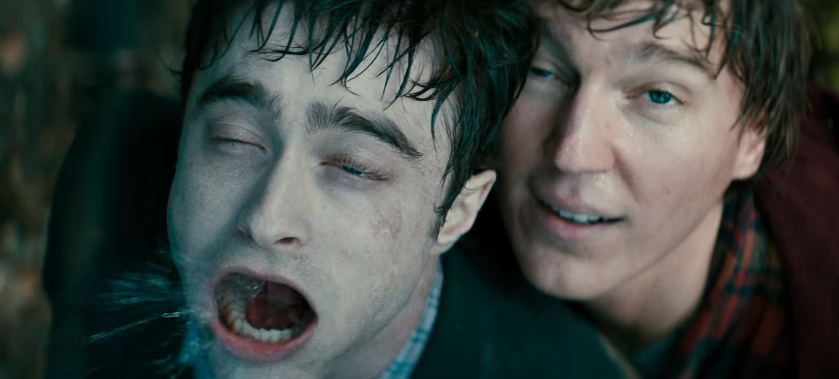 Hank using Manny to projectile spit in "Swiss Army Man"