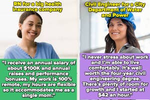 A nurse smiling vs an engineer smiling with a hat on