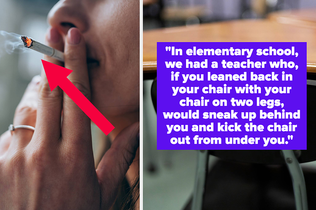 A teacher smoking; a student's desk
