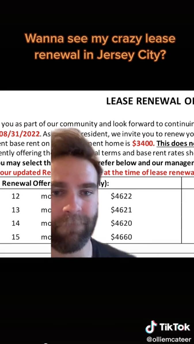 The lease renewal paperwork shows Oliver&#x27;s current rent of $3,400 and renewal costs of $4,622, $4,621, $4,620, and $4,660 depending on the length of renewal