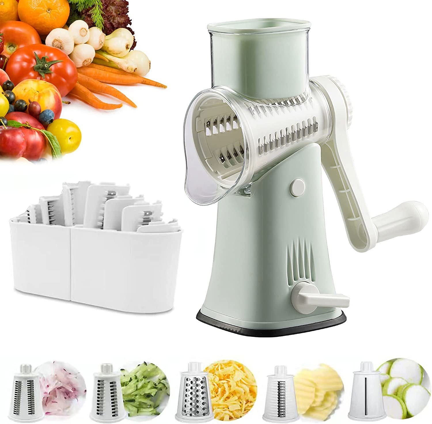 light green five-in-one rotary cheese grader with different steel blades for also slicing fruit and veggies
