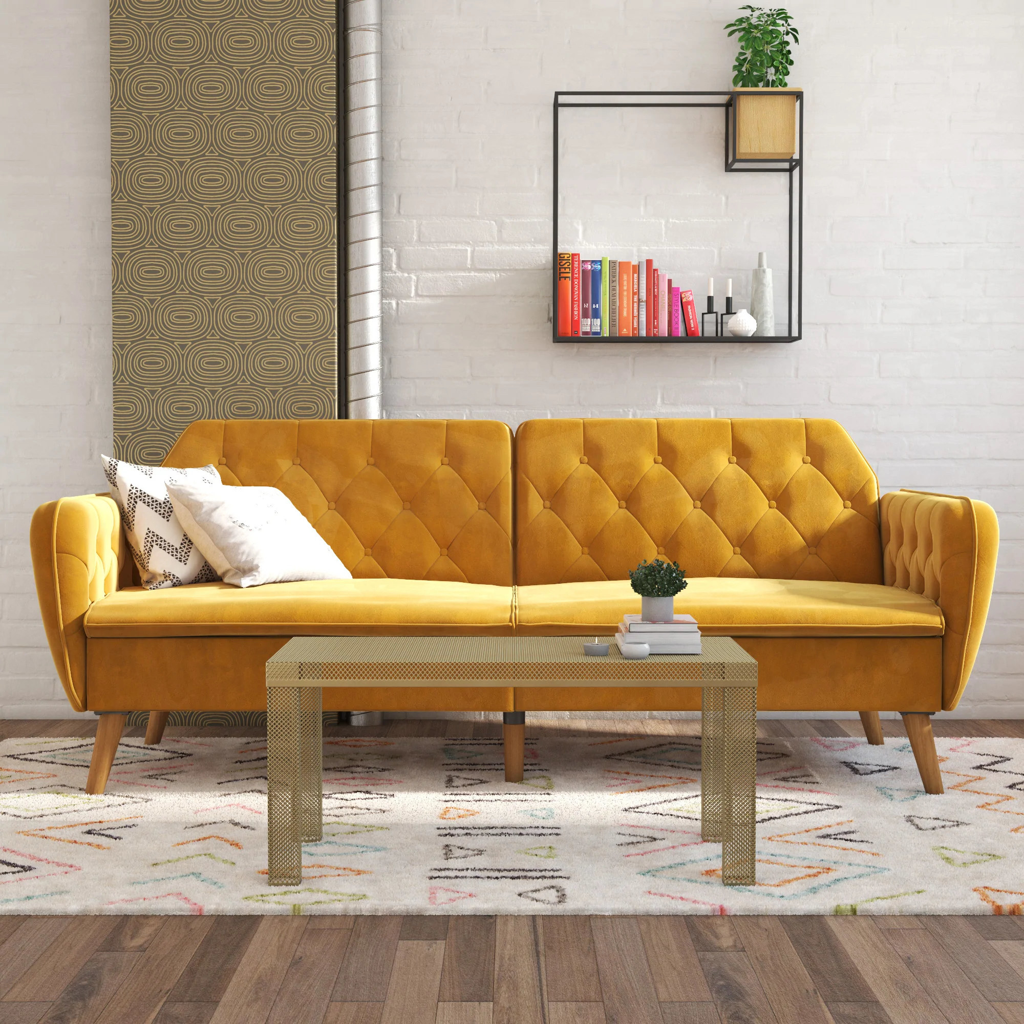 a beige mid-century modern style futon sofa