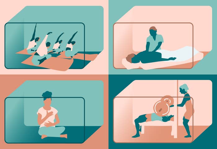 Four dimensional boxes. The first box has a group doing yoga. The second box has a person getting a massage, the first has a person meditating, and the fourth has a couple weight lifting.