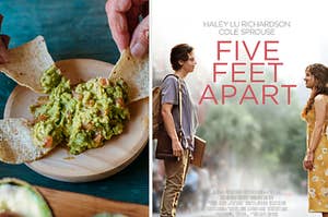 Chips dipped into guacamole and the poster for the movie "Five Feet Aaprt"
