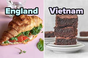 On the left, a croissant sandwich labeled England, and on the right, a stack of brownies on a plate labeled Vietnam
