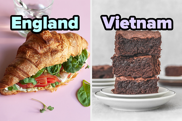On the left, a croissant sandwich labeled England, and on the right, a stack of brownies on a plate labeled Vietnam