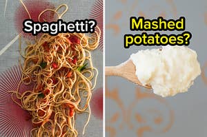 Spaghetti on a wall and a wooden spoon full of mashed potatoes