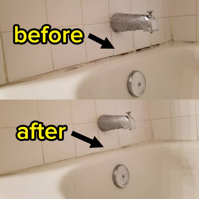 top: before photo of reviewer's tub tiles stained black with mold and mildew / bottom: after photo of the same section of tile and the black stains are gone