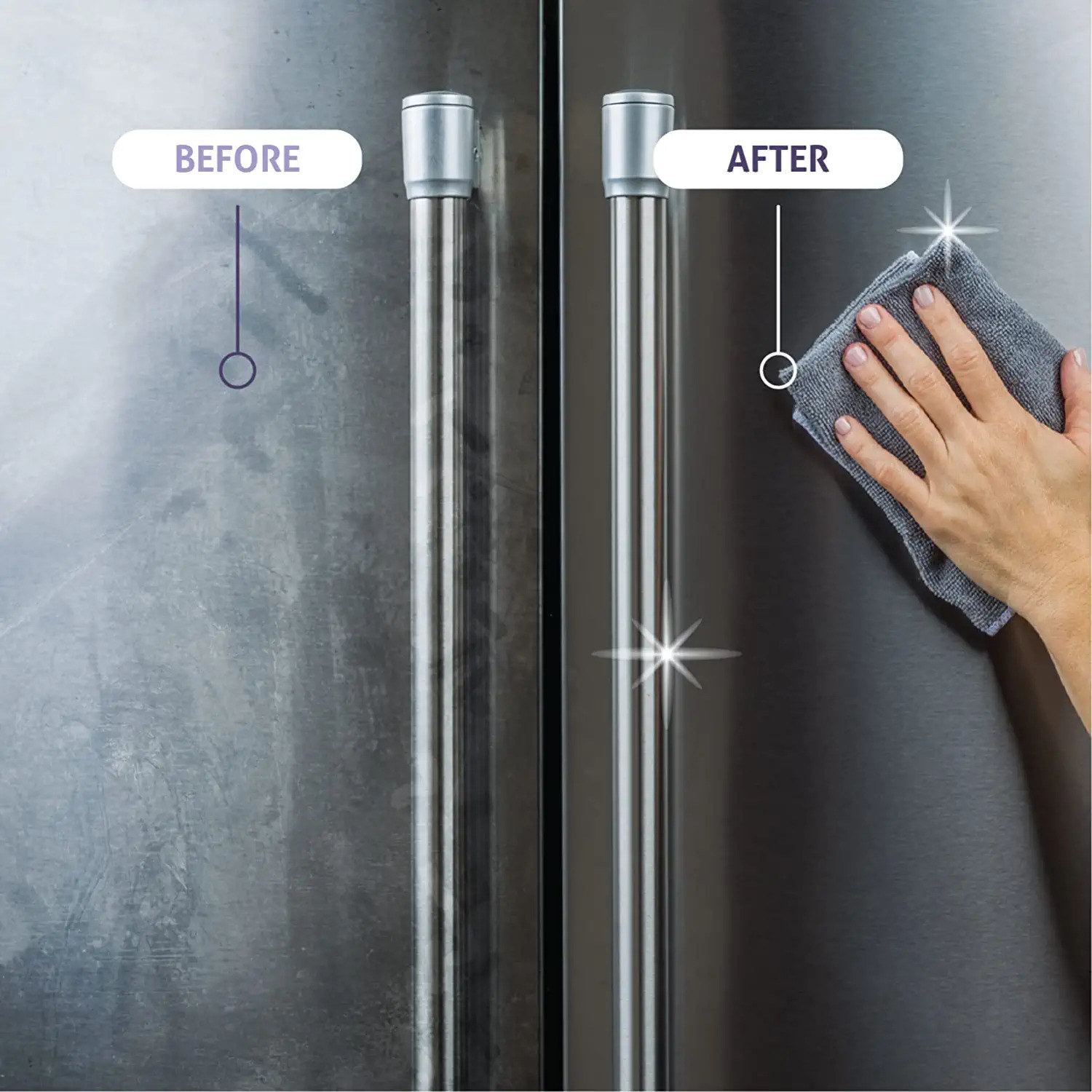 a fridge with one side dirty and covered in fingerprints and the other side being wiped down with a microfiber cloth and looking much cleaner