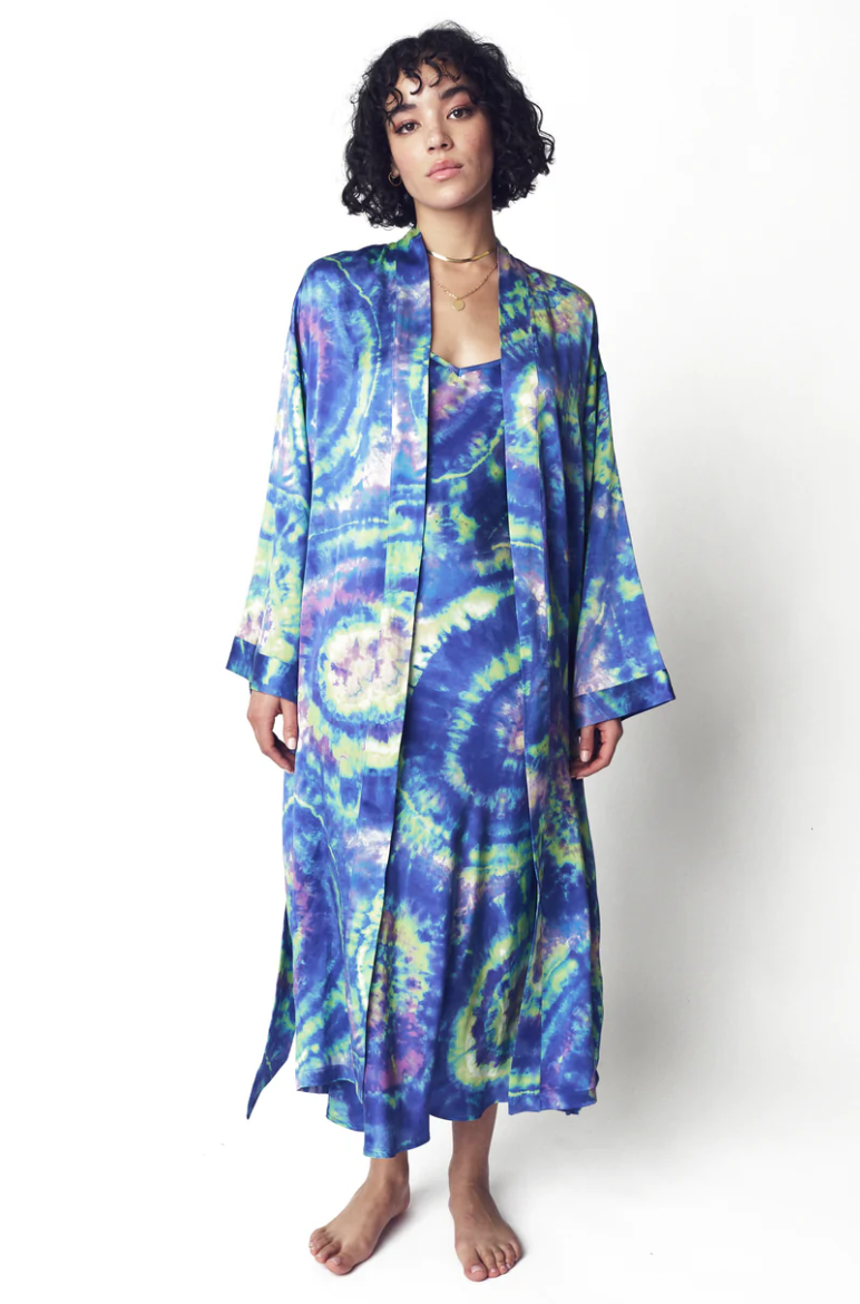 model wearing geode tie-dye silk robe
