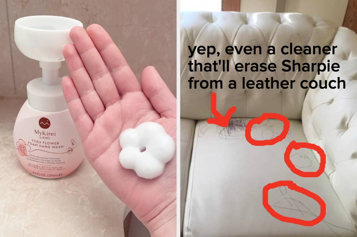 hand with a flower shaped squirt of hand soap, white leather couch with pen scribbles on it