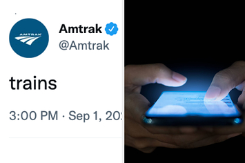 amtrak twitter account posts "trains," person typing on phone