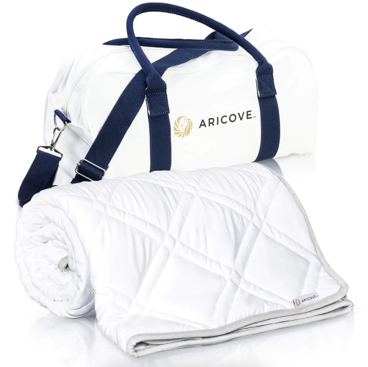 A white weighted blanket and storage bag is shown
