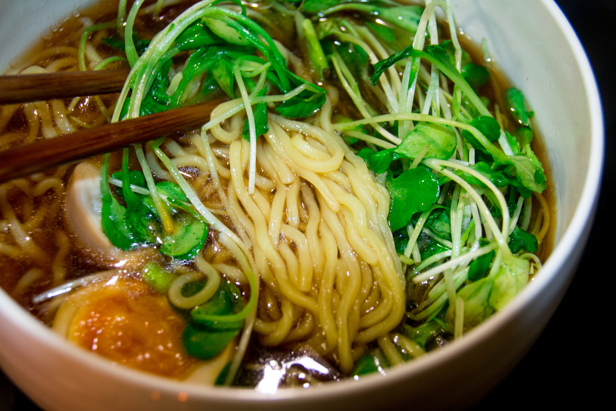 A bowl of ramen noodle soup.