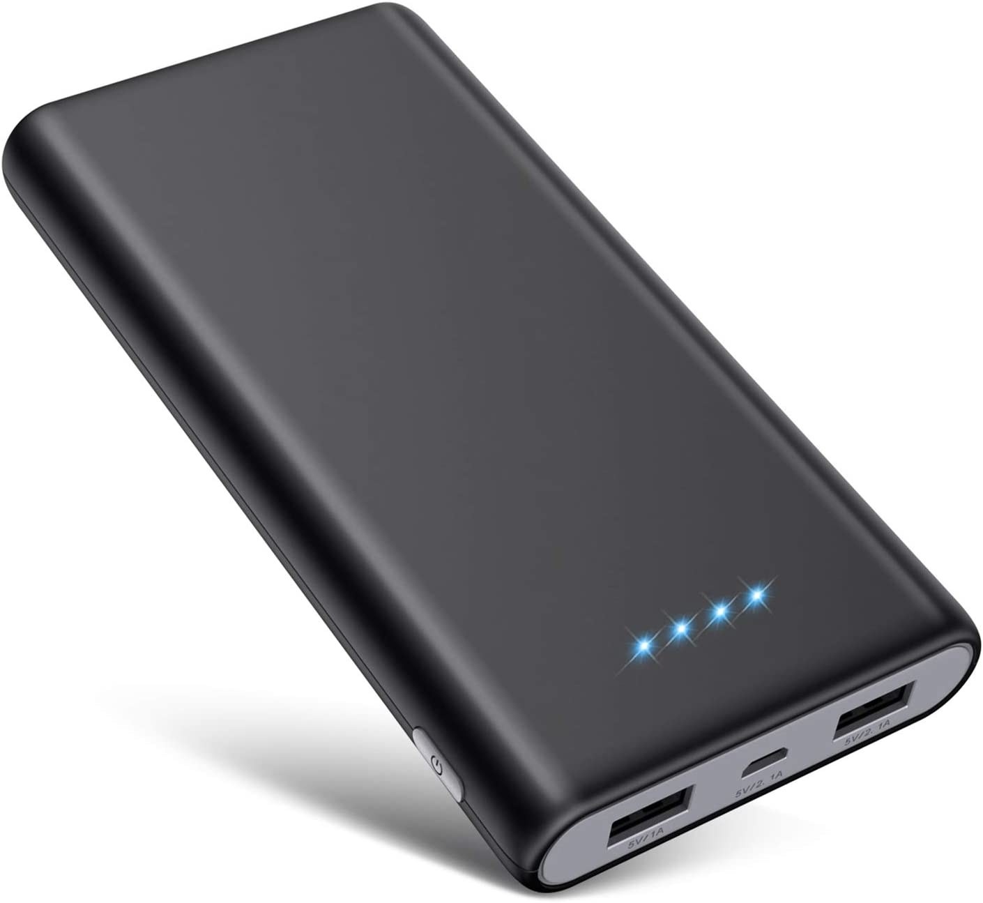 a portable charger with four led lights to indicate charge