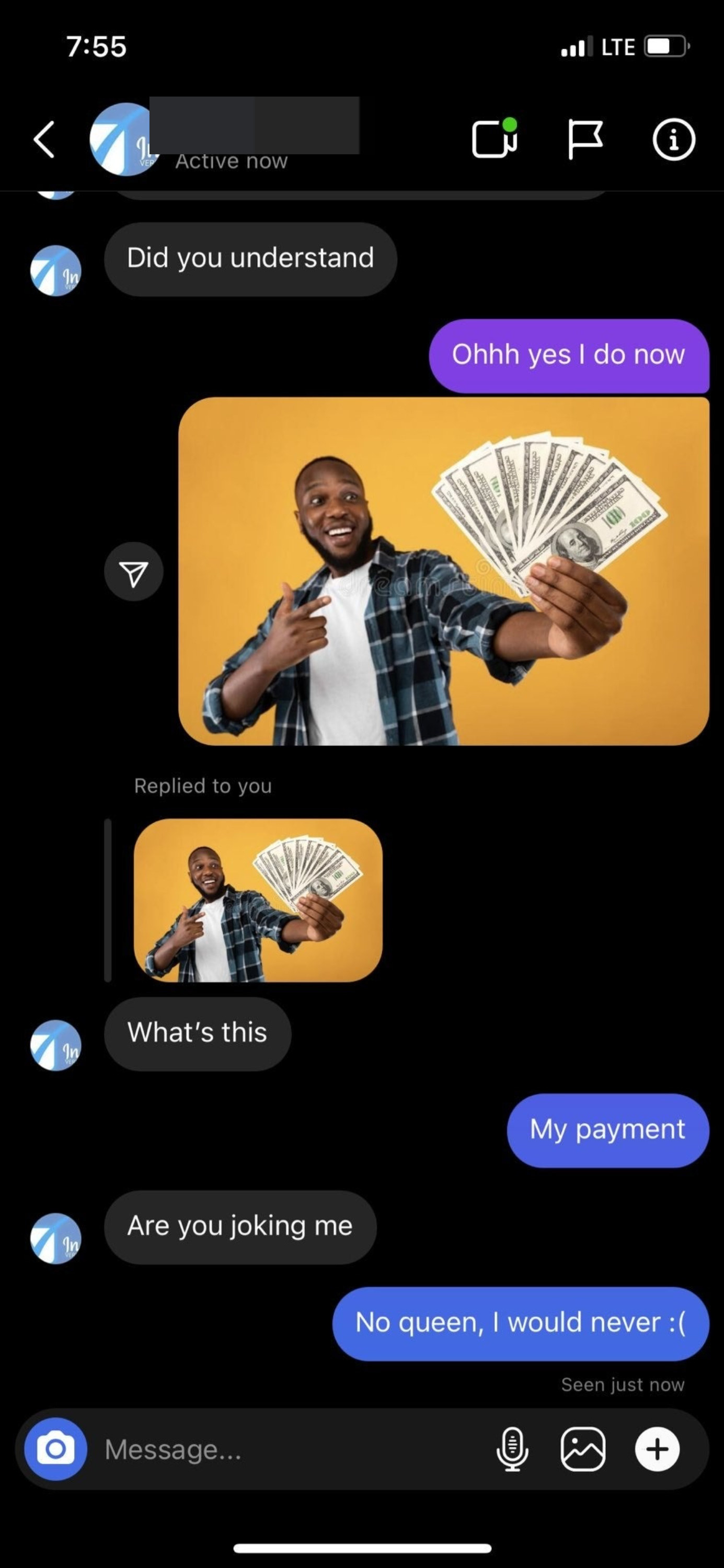 person who sent a stock photo of a man holding money instead of payment