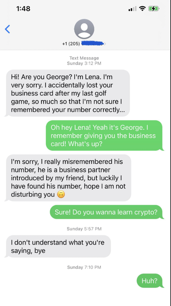 person asking a scammer if they wish to learn about crypto