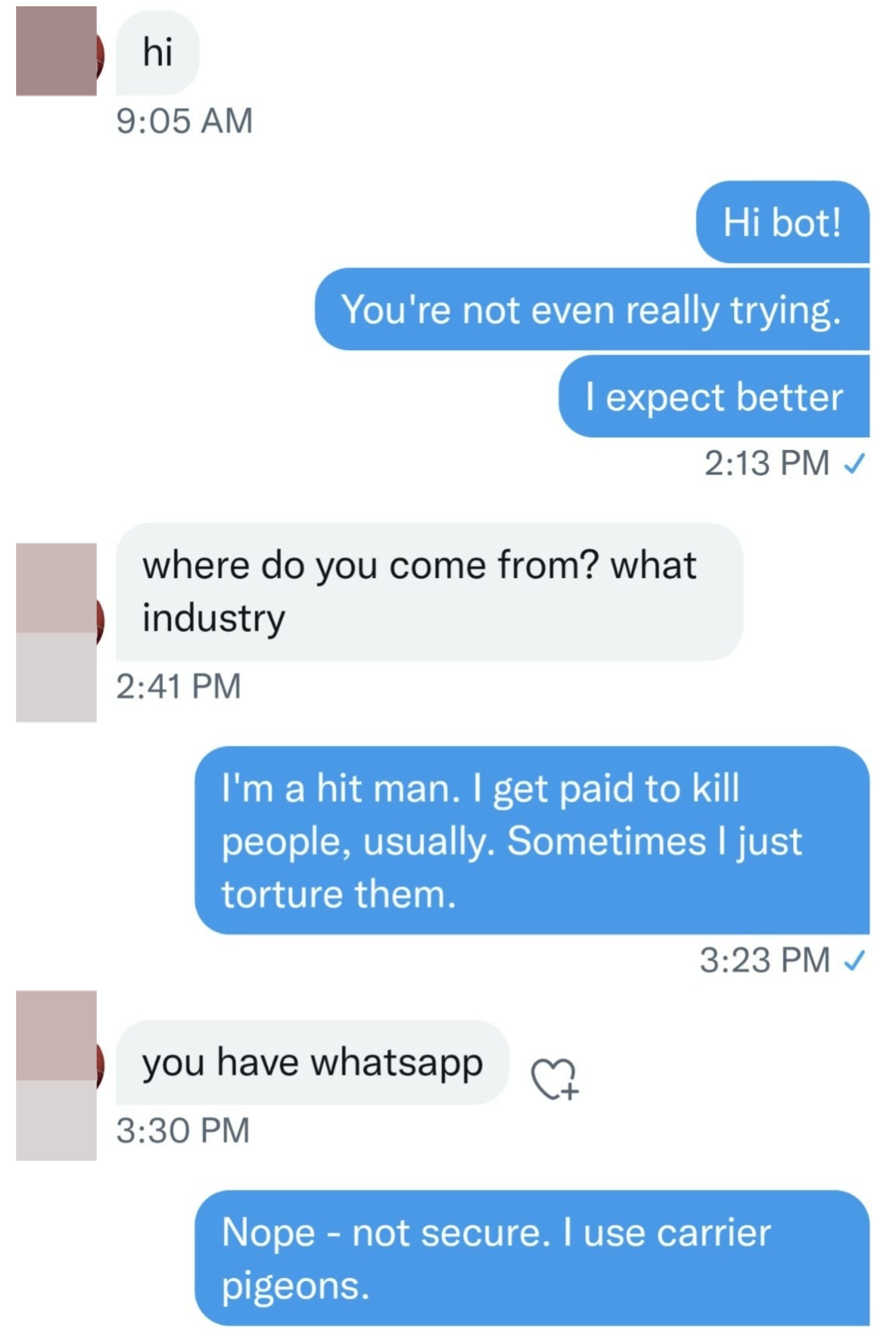 person telling a scammer they are a hitman