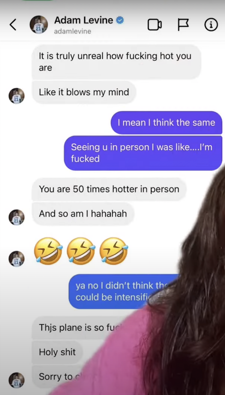 Sumner&#x27;s TikTok shows a DM conversation with Adam Levine in which he tells Sumner &quot;It&#x27;s truly unreal how fucking hot you are&quot; and that she&#x27;s 50 times hotter in person