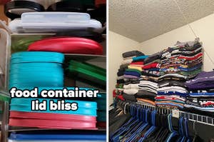 food storage container lids organized in a drawer, stacks of neatly folded shirts on a closet shelf