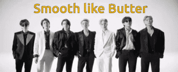 GIF of the band BTS lined up, flicking their heads to one side in unison
