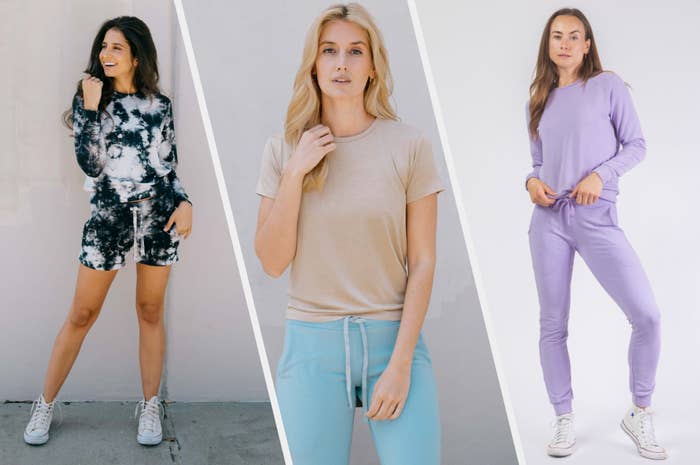 Three images of models wearing athleisure clothing