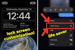 iOS 16锁定屏幕自定义选项的屏幕截图，以及带有“撤消”选项的iMessage菜单的屏幕截图